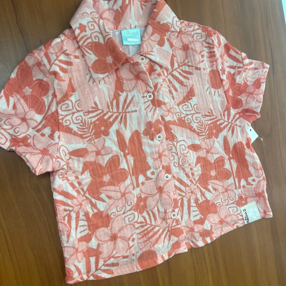 Disney Moana 2 Girls Small Peach Tropical Floral Cotton Gauze Shirt Shorts Set S